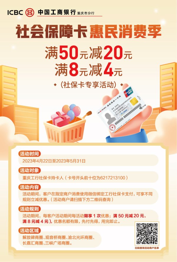 玖富配资 工行重庆市分行推出社保卡惠民消费季：消费满50元减20元，满8元减4元